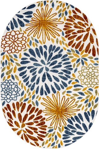 Isolated view of Blue Oval Floral Fireworks Indoor/Outdoor Rug, showcasing its design