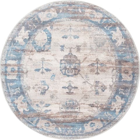 Isolated view of Light Blue Round Distressed Foliage Rug, showcasing its design