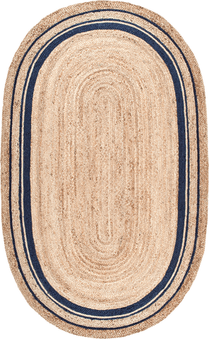 Isolated view of Navy Oval Jute Braided Saturn Border Rug, showcasing its design