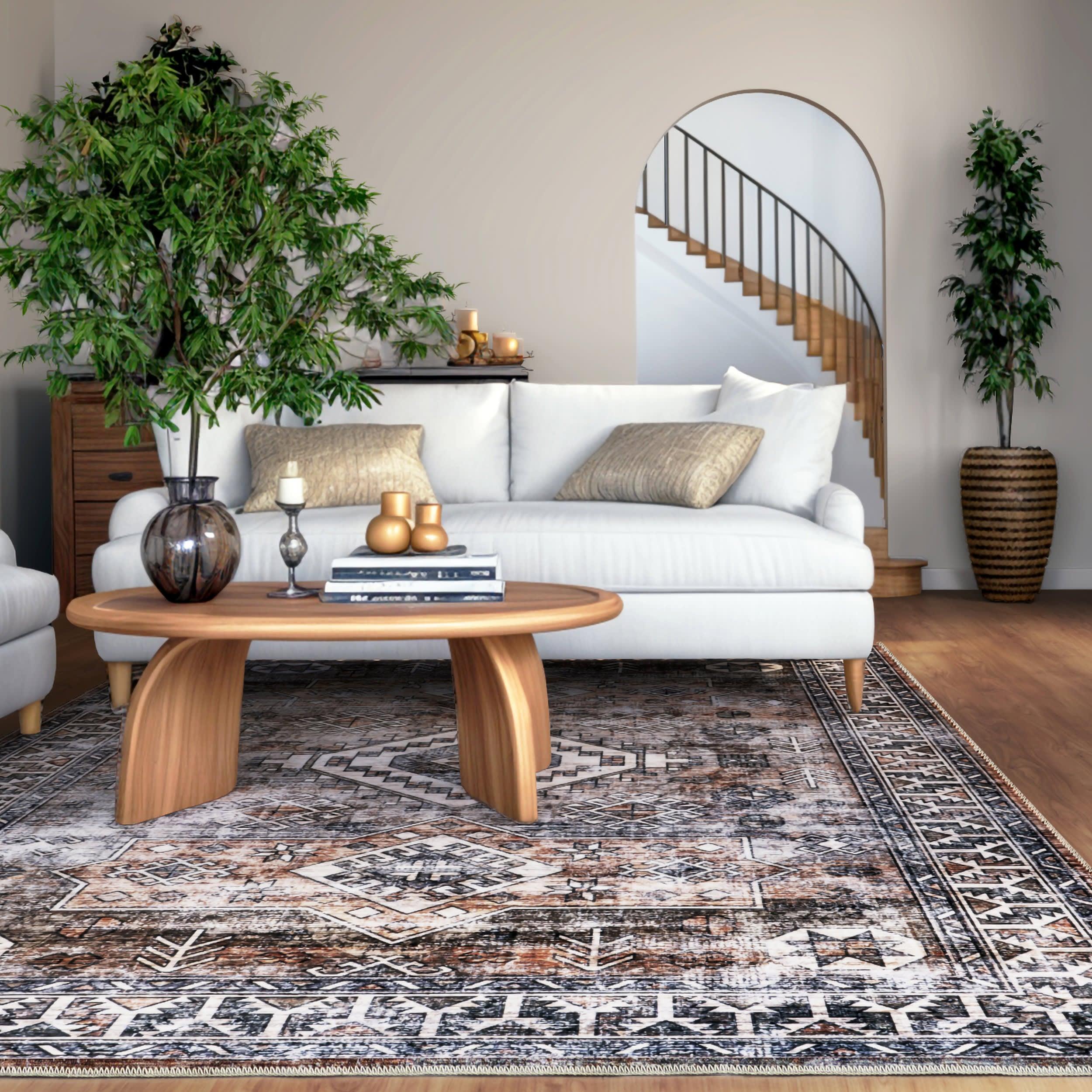Faded Geometric Spill Proof Washable Rug | Rust – Rugs USA