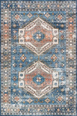 Isolated view of Blue Rectangle Nordic Emblems Spill Proof Washable Rug, showcasing its design