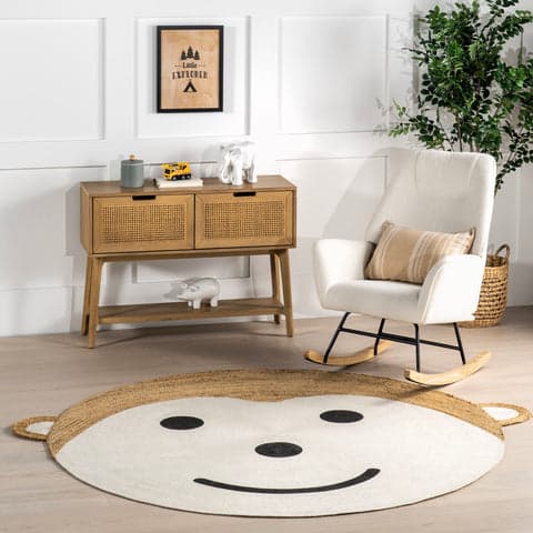 Ivory Georgia Monkey Handwoven Kids Rug styled in a wall decorated room