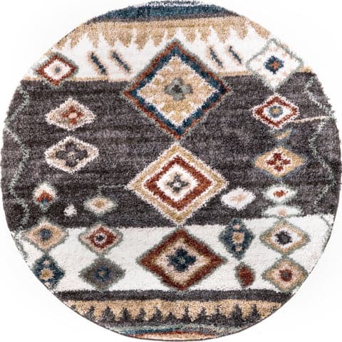 Isolated view of Grey Round Moroccan Diamond Shag With Tassels Rug, showcasing its design