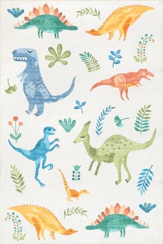 Isolated view of White Multicolor Rectangle Kayleigh Kids Washable Dinosaur Rug, showcasing its design