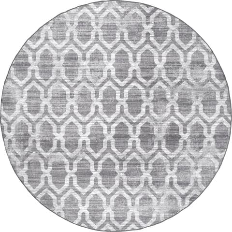 Isolated view of Grey Round Megan Trellis Washable Indoor/Outdoor Rug, showcasing its design