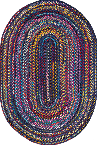 Isolated view of Blue Multicolor Oval Bohemian Chindi Braided Rug, showcasing its design