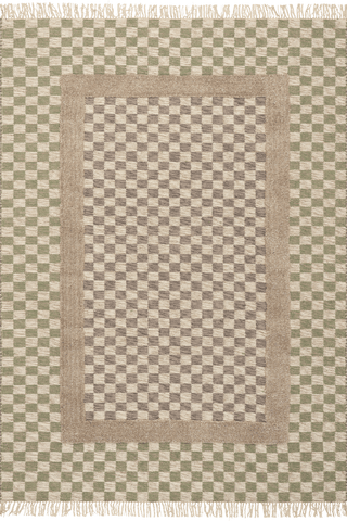 Isolated view of Green/Grey Rectangle Memphis Modern Checkered Hand Woven Rug, showcasing its design