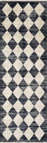 Isolated view of Navy Runner Vanni Checkered Fringed Rug, showcasing its design