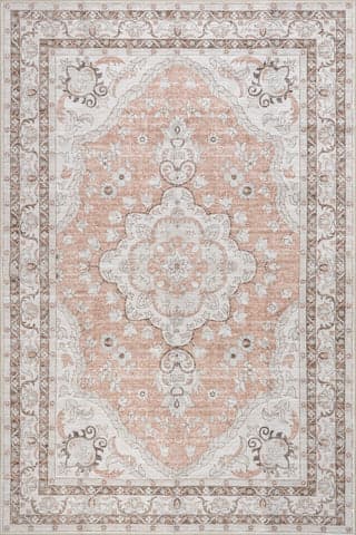 Isolated view of Peach Rectangle Faded Rosette Spill Proof Washable Rug, showcasing its design
