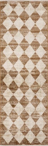 Isolated view of Tan Runner Vanni Checkered Fringed Rug, showcasing its design