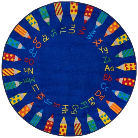 Isolated view of Blue Round Rainbow Alphabet Rug, showcasing its design
