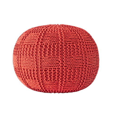 Isolated view of Orange Round Knitted Cotton Basketweave Pouf, showcasing its design