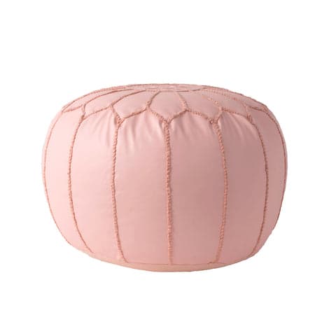 Isolated view of Baby Pink Round Faux Leather Pouf, showcasing its design