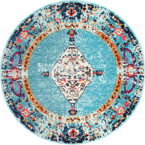 Isolated view of Aqua Round Iris Fading Oriental Medallion Rug, showcasing its design