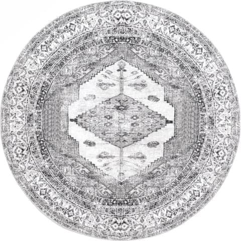 Isolated view of Light Grey Round Plated Medallion Washable Rug, showcasing its design