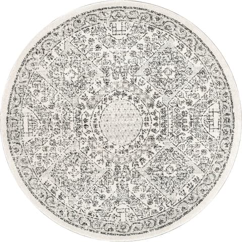 Isolated view of Grey Round Honeycomb Labyrinth Rug, showcasing its design