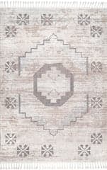 Isolated view of Beige Rectangle Shaggy Barbed Medallion Tassel Rug, showcasing its design