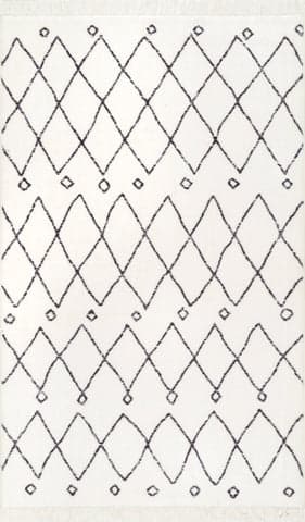 Isolated view of Off White Rectangle Moroccan Trellis Tassel Non-Slip Backing Rug, showcasing its design