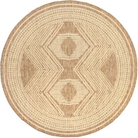 Isolated view of Light Brown Round Iris Totem Indoor/Outdoor Flatweave Rug, showcasing its design