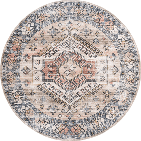 Isolated view of Peach Round Nordic Emblems Spill Proof Washable Rug, showcasing its design