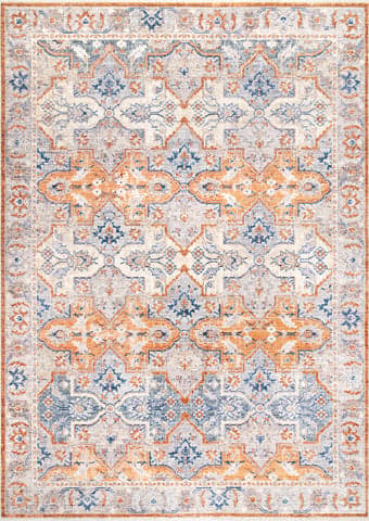 Isolated view of Orange Rectangle Quatrefloral Tribal Fringe Rug, showcasing its design
